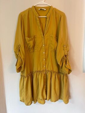 ZARA Mustard Shirt Dress ✨ Ruffle Hem | Boho Chic | Flowy